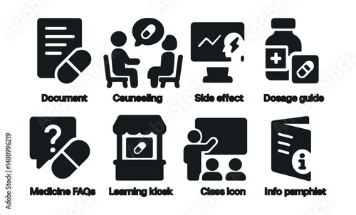 Solid style icons of pharmaceutical education: drug info sheet, counseling session, side effect chart, dosage guide, medicine FAQ, learning kiosk, class icon, info pamphlet.