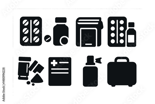 Solid style icons of travel pharmacy products: motion sickness pills, travel-size meds, passport medicine pouch, jet lag aid, hydration salts, vaccine record, mosquito repellent, flight-ready kit.