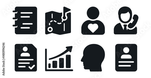 Solid style icons of career coaching tools: session notes, roadmap sketch, motivation icon, coaching call, career audit, strengths graph, mindset icon, reflection card.