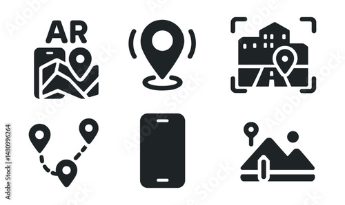Solid style icons of geolocation in AR: AR map icon, virtual pointer, scanned street, digital path, phone location overlay, geo AR tag, anchor point, horizon view.