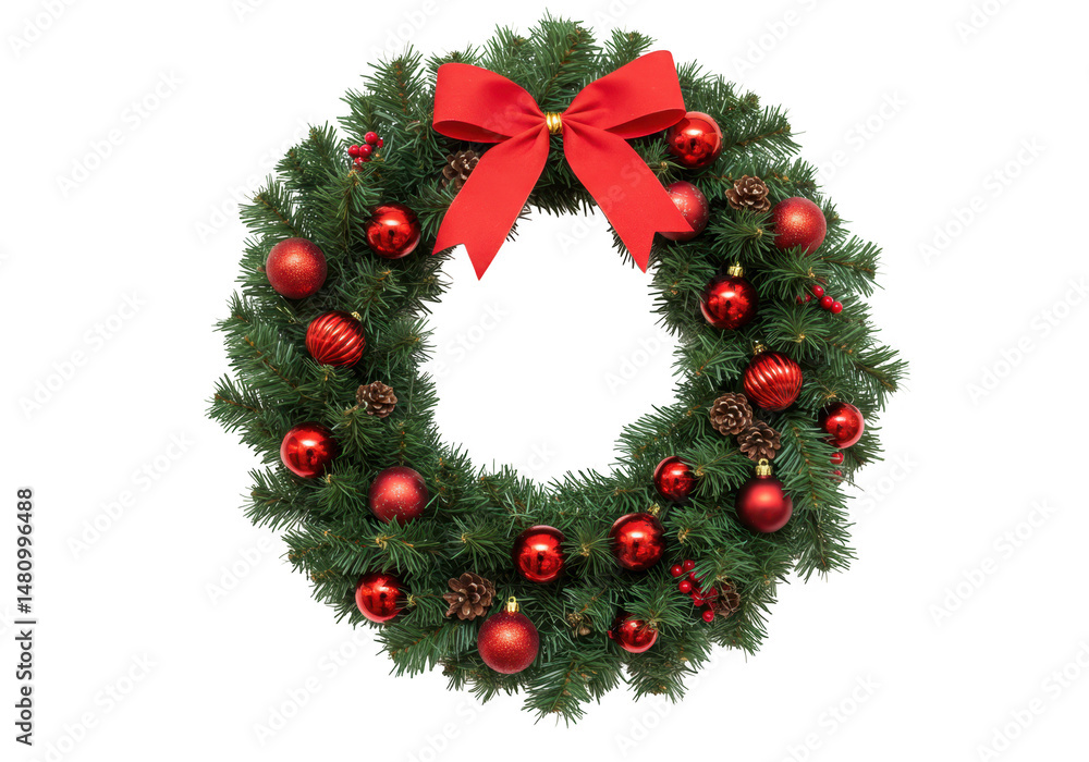 Christmas wreath with red bow and ornaments isolated on transparent background Christmas wreath with red bow and ornaments isolated on transparent background