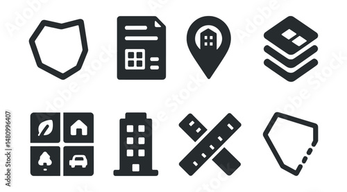 Solid style icons of urban planning and zoning: district outline, zoning code, development pin, planning layer, land use icon, building icon, area tool, legal boundary.