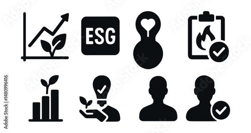 Solid style icons of ethical investment: green stock, ESG rating, impact fund, climate risk, ethical index, shareholder vote, sustainable growth, investor profile.
