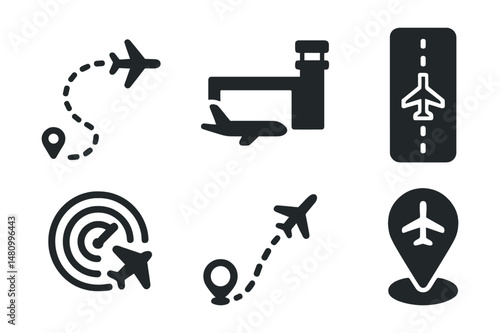 Solid style icons of aviation location systems: flight route, airport icon, runway map, gate pin, air radar, aircraft path, landing spot, travel air icon.