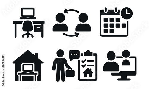 Solid style icons of hybrid work: desk share, online sync, calendar split, coworking icon, home setup, remote brief, hybrid plan, digital presence.