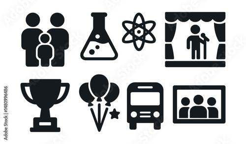 Solid style icons of school events: parent night, science fair, art show, talent stage, sports trophy, holiday party, field trip, class photo.