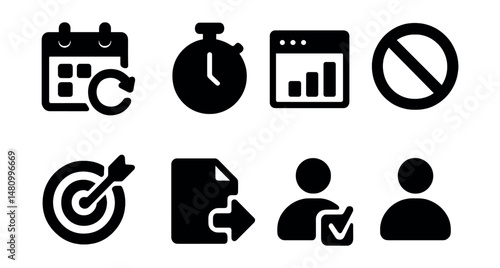 Solid style icons of remote productivity: calendar sync, focus timer, project tracker, distraction block, daily goal, file share, task assign, status icon.