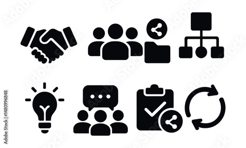 Solid style icons of teamwork and collaboration: handshake, group icon, shared folder, workflow chart, idea bulb, group chat, task share, feedback loop.