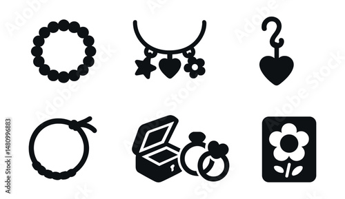 Solid style icons of kids’ jewelry and trinkets: beaded bracelet, charm necklace, clip-on earring, friendship band, jewelry box, ring set, sticker tattoo, pendant icon.