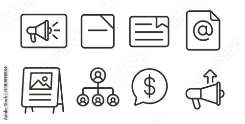 Line style icons of campaign promotion: advert icon, paid ad badge, sponsored post tag, email blast file, print flyer board, influencer partnership chart, paid campaign bubble, market push symbol.