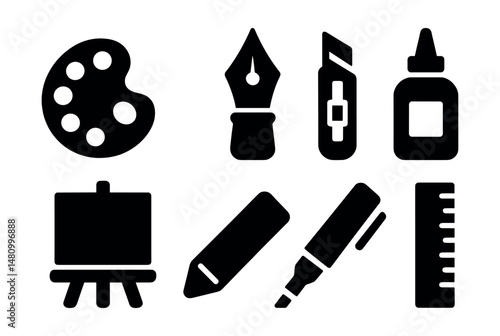 Solid style icons of art supplies: paint palette, ink pen, cutter knife, glue bottle, canvas, chalk, marker, ruler.