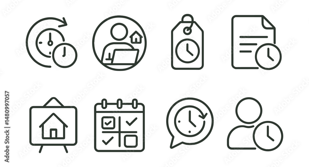 Line style icons of flexible work schedules: flexible hours icon, remote work badge, adjustable shift tag, set start time file, work from home board, alternative schedule chart, clock flexibility Line style icons of flexible work schedules: flexible hours icon, remote work badge, adjustable shift tag, set start time file, work from home board, alternative schedule chart, clock flexibility