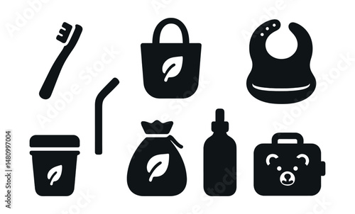 Solid style icons of eco-friendly kids accessories: bamboo toothbrush, organic cotton bag, reusable snack pouch, silicone bib, metal straw, compostable diaper sack, refill pod, natural toy case.
