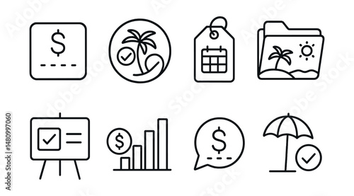Line style icons of paid time off (PTO): PTO balance icon, paid leave badge, day-off request tag, paid vacation file, time-off approval board, paid hours chart, leave balance bubble, vacation