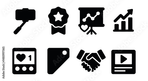 Solid style icons of influencer media: selfie stick, content badge, engagement chart, trending arrow, like counter, video post, sponsored tag, brand collab.