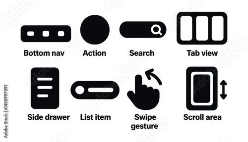 Solid style icons of mobile UI elements: bottom nav, action button, search bar, tab view, side drawer, list item, swipe gesture, scroll area.