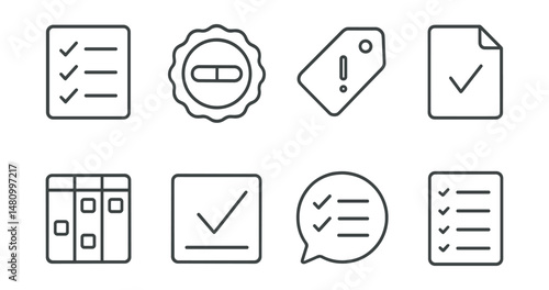 Line style icons of task management: task list icon, progress bar badge, task priority tag, checkmark file, task breakdown board, task completion chart, to-do bubble, work list symbol.