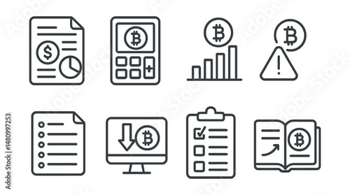 Line style icons of crypto investments: tax reporting tool, crypto gains tax calculator, realized profit summary, unrealized gain warning, taxable events report, transaction history export, tax