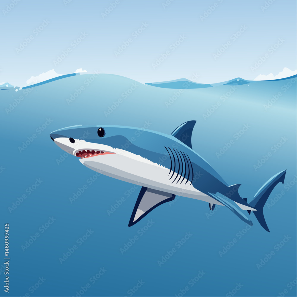 Fototapeta premium Vector Image of A shark Swimming in Blue Waters