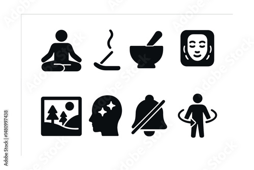 Solid style icons of meditation and wellness: lotus pose, incense, sound bowl, breathing app, nature view, affirmations, silence bell, energy flow.