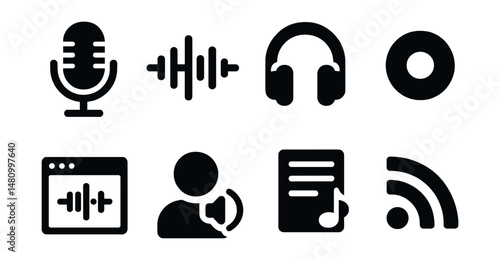 Solid style icons of podcasting: mic, waveform, headphones, record button, audio editor, speaker avatar, playlist, RSS icon.
