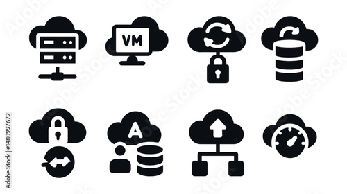 Solid style icons of cloud computing: server cluster, virtual machine, cloud sync, data mirror, access control, load balance, storage node, uptime gauge.