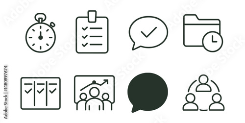 Line style icons of effective meeting management: meeting timer icon, agenda badge, on-topic tag, timekeeper file, task assignment board, group discussion chart, goal-focused bubble, efficient