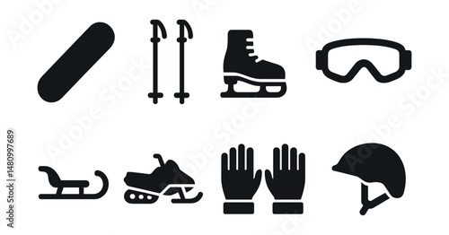 Solid style icons of winter sports: snowboard, ski poles, ice skate, snow goggles, sled, snowmobile, winter gloves, helmet.