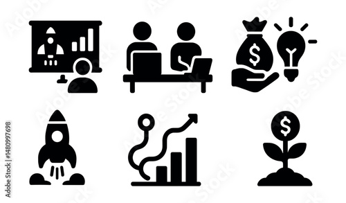 Solid style icons of startup ecosystem: investor pitch, coworking, bootstrapping, idea lightbulb, startup rocket, pivot path, KPI graph, seed funding.