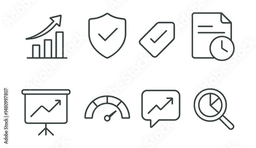 Line style icons of productivity metrics: output rate icon, efficiency badge, task completion tag, time spent file, performance chart board, productivity score chart, work progress bubble, metric