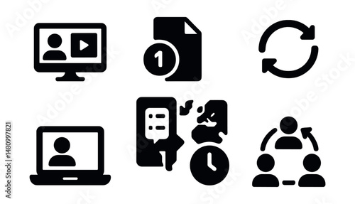 Solid style icons of remote collaboration: shared screen, file version, sync icon, remote desk, real-time chat, async task, timezone map, team loop.