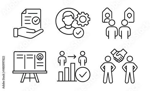 Line style icons of task delegation: task handoff icon, assign work badge, collaboration tag, team task file, delegated role board, resource allocation chart, task completion bubble, shared