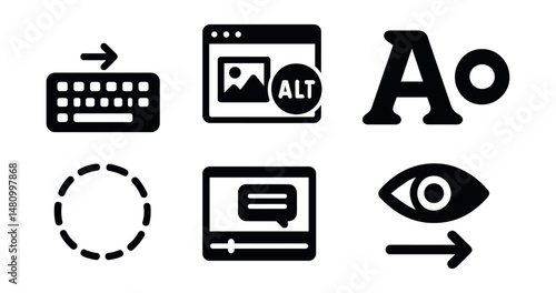 Solid style icons of inclusive web design: keyboard nav, alt text, readable font, high contrast, focus ring, caption icon, ARIA tag, skip link.