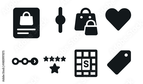 Solid style icons of ecommerce UX: product card, filter slider, compare icon, wishlist heart, checkout stepper, review stars, size chart, free shipping tag.