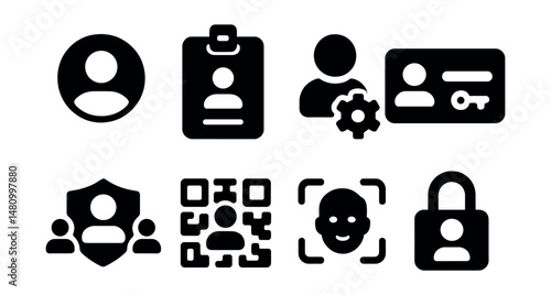 Solid style icons of digital identity: avatar circle, ID badge, user preferences, login key, access roles, profile QR, face ID, privacy icon.