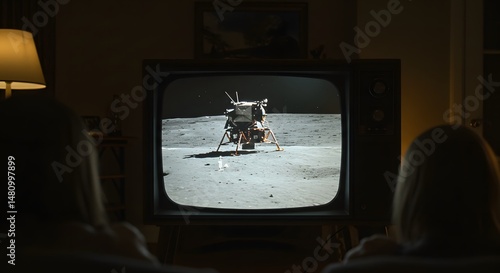 Vintage Television Broadcasting Apollo Moon Landing Live Telecast with People Watching at Home