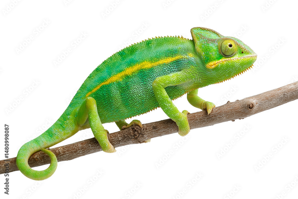 Chameleon on branch isolated on white background