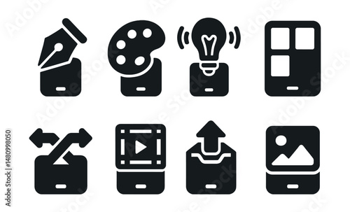 Solid style icons of mobile creativity tools: drawing pen, color palette, voice idea, photo collage, remix tool, animation frame, export pack, asset icon.