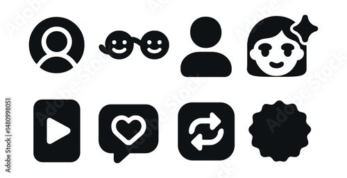 Solid style icons of youth social media: story view, emoji chain, avatar sticker, filter icon, short video, comment reaction, repost swipe, trend badge.