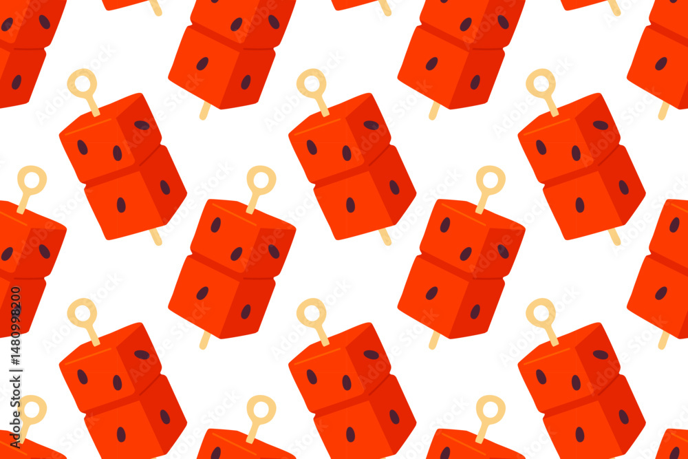 Pattern of red cube-shaped watermelon-flavored popsicles with sticks arranged in a seamless layout on a white background Pattern of red cube-shaped watermelon-flavored popsicles with sticks arranged in a seamless layout on a white background