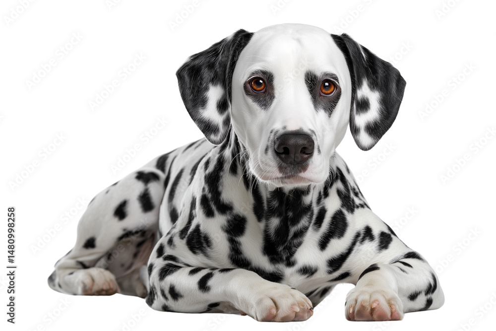 Dalmatian dog lying down isolated on white background