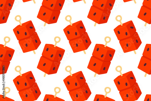 Pattern of red cube-shaped watermelon-flavored popsicles with sticks arranged in a seamless layout on a white background