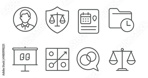 Line style icons of source evaluation skills: author background icon, bias scale badge, date and context tag, publication history file, quote integrity board, organization intent chart, media bias