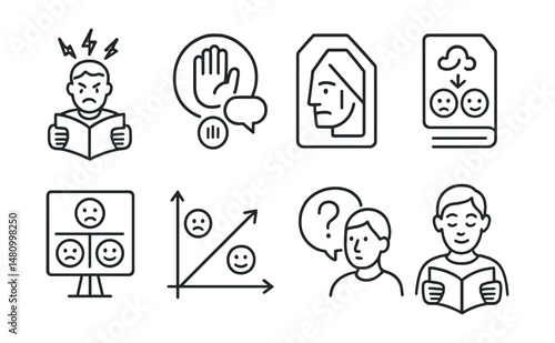 Line style icons of emotion-aware reading: triggered reader icon, pause and ask badge, reaction vs reason tag, breath before scroll file, scan tone board, respond not react chart, question feelings