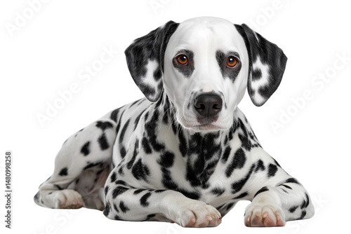 Obraz na płótnie Dalmatian dog lying down isolated on white background w salonie