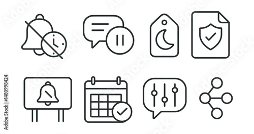 Line style icons of context-based alerting: class-time mute icon, social pause badge, night off tag, sport mode file, silent commute board, alert on schedule chart, dynamic settings bubble, context