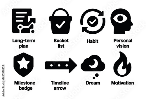 Solid style icons of life goals: long-term plan, bucket list, habit circle, personal vision, milestone badge, timeline arrow, dream icon, motivation flame.