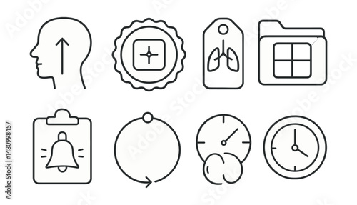 Line style icons of mindfulness and breath tools: inhale guide icon, animated breath badge, breath focus tag, box breathing file, mindful ping board, calming loop chart, rhythm bubble, breath with