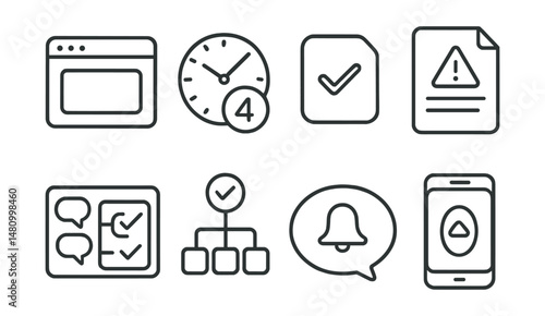 Line style icons of digital attention rituals: check-in window icon, “respond at 4” badge, app check zone tag, post-study alert file, reply → reflect board, intentional reply chart, alert boundary
