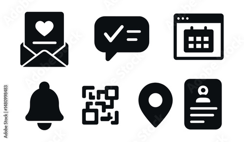 Solid style icons of event organization: invite icon, RSVP status, event page, seat plan, reminder bell, check-in code, venue pin, guest list.